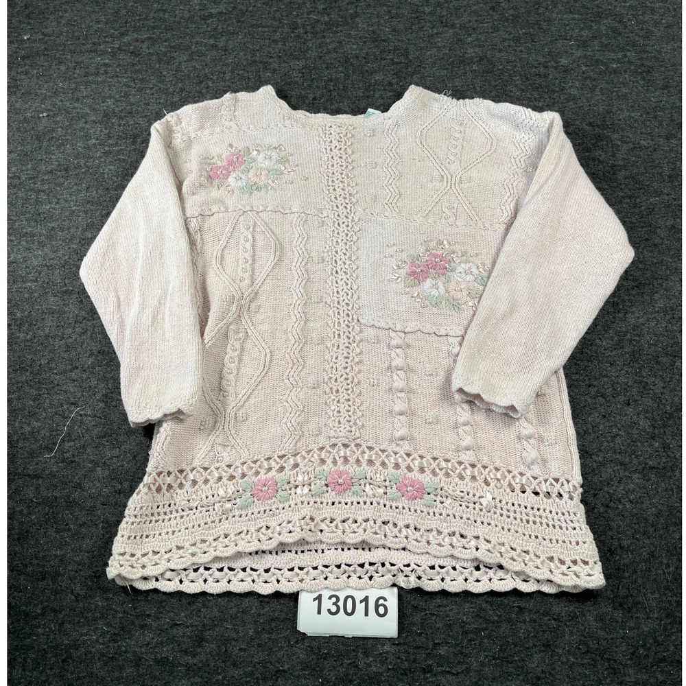 Shenanigans Sweater Womens Medium Pink Excellent Floral Pearl Crochet Knit Top